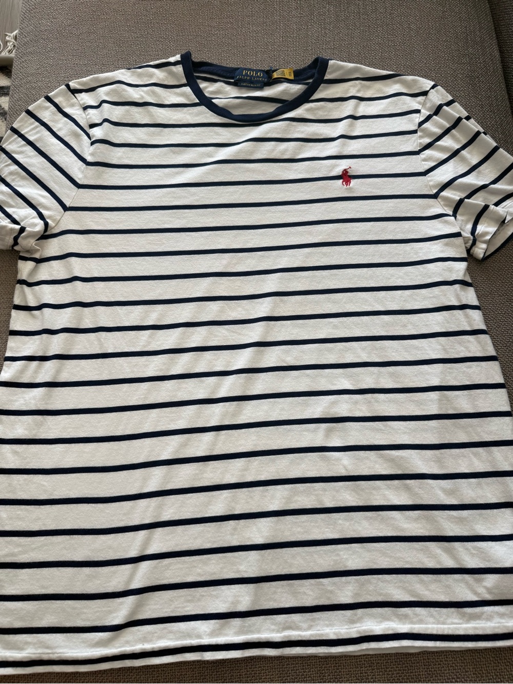 Vintage Polo Ralph Lauren White Navy Striped SlimFit Preppy Logo Short Sleeve XL